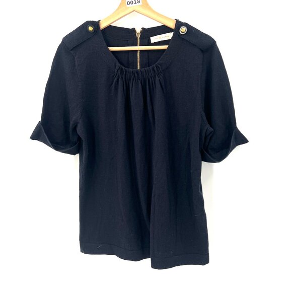 Tory Burch dark navy blue 100% merino wool sweater blouse half sleeve gold top L - Picture 2 of 13